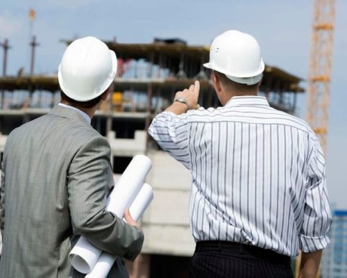 Rear shot of boss pointing at construction with worker near by